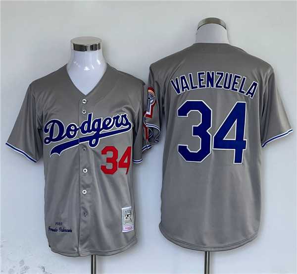 Mens Los Angeles Dodgers #34 Fernando Valenzuela Gray Cool Base Stitched Jersey